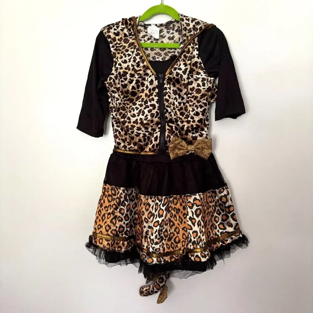 Girls Leopard Cat Costume Size 7-8 Hood Ears Tail Tutu Dress Halloween Cheetah